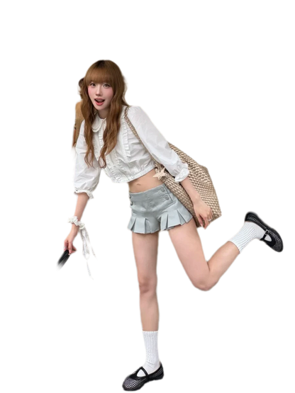Pleated High-Waisted Double-Breasted Shorts