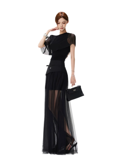 Sheer Layered Asymmetrical Maxi Skirt