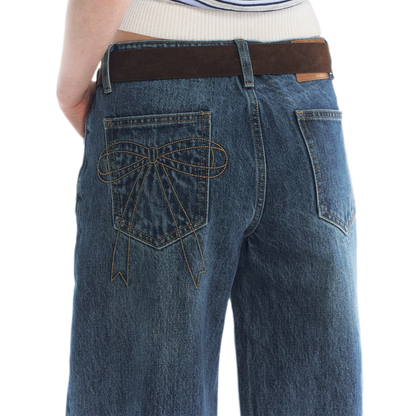 Washed Bow Embroidered Jeans