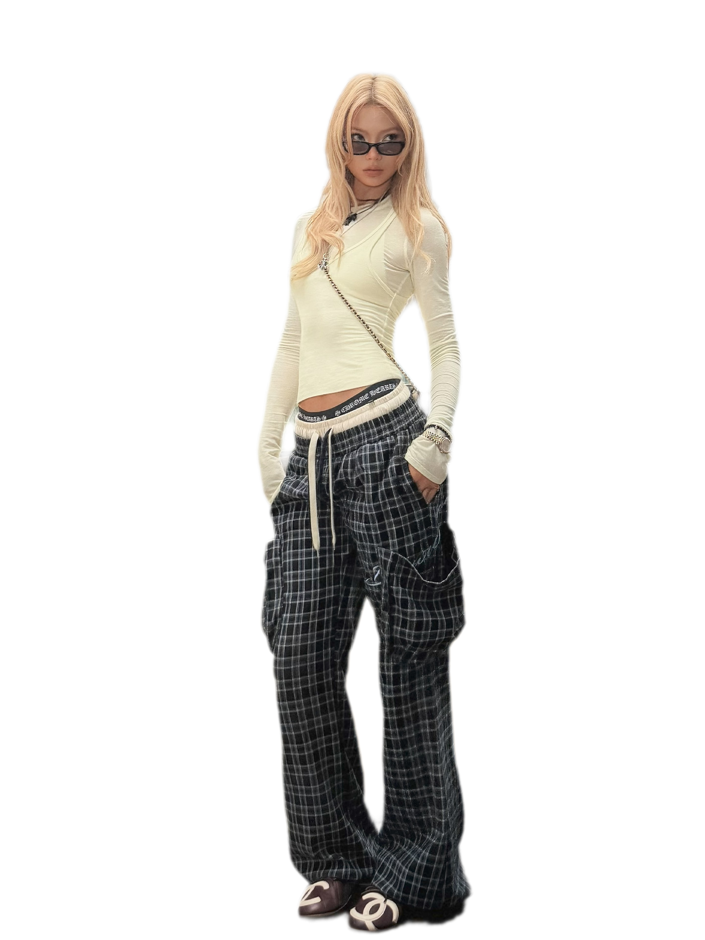 Plaid Drawstring Cargo Pants
