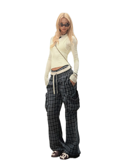 Plaid Drawstring Cargo Pants