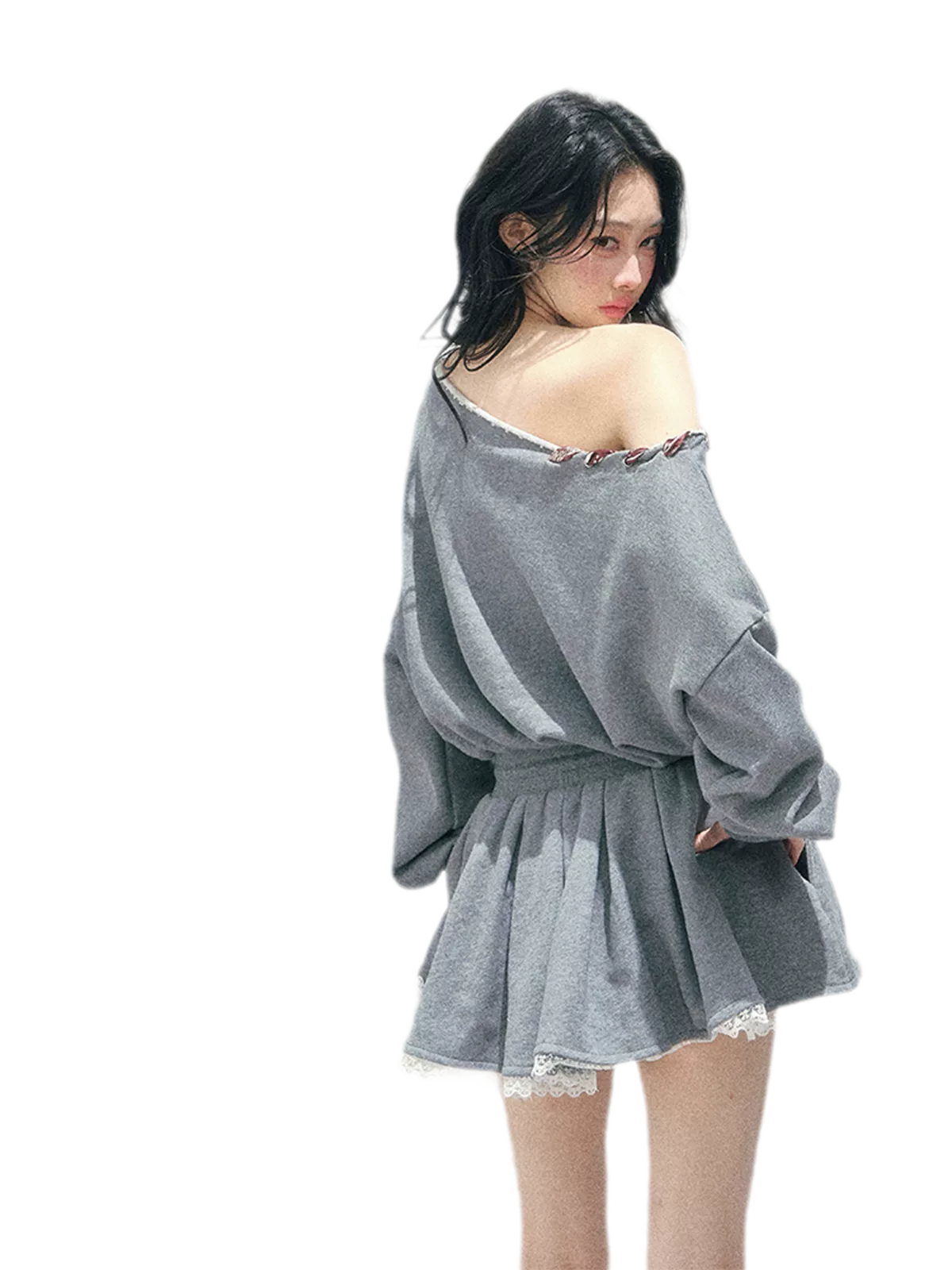 Lace Off-Shoulder Sweatshirt Dress