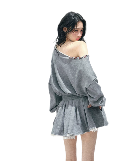 Lace Off-Shoulder Sweatshirt Dress