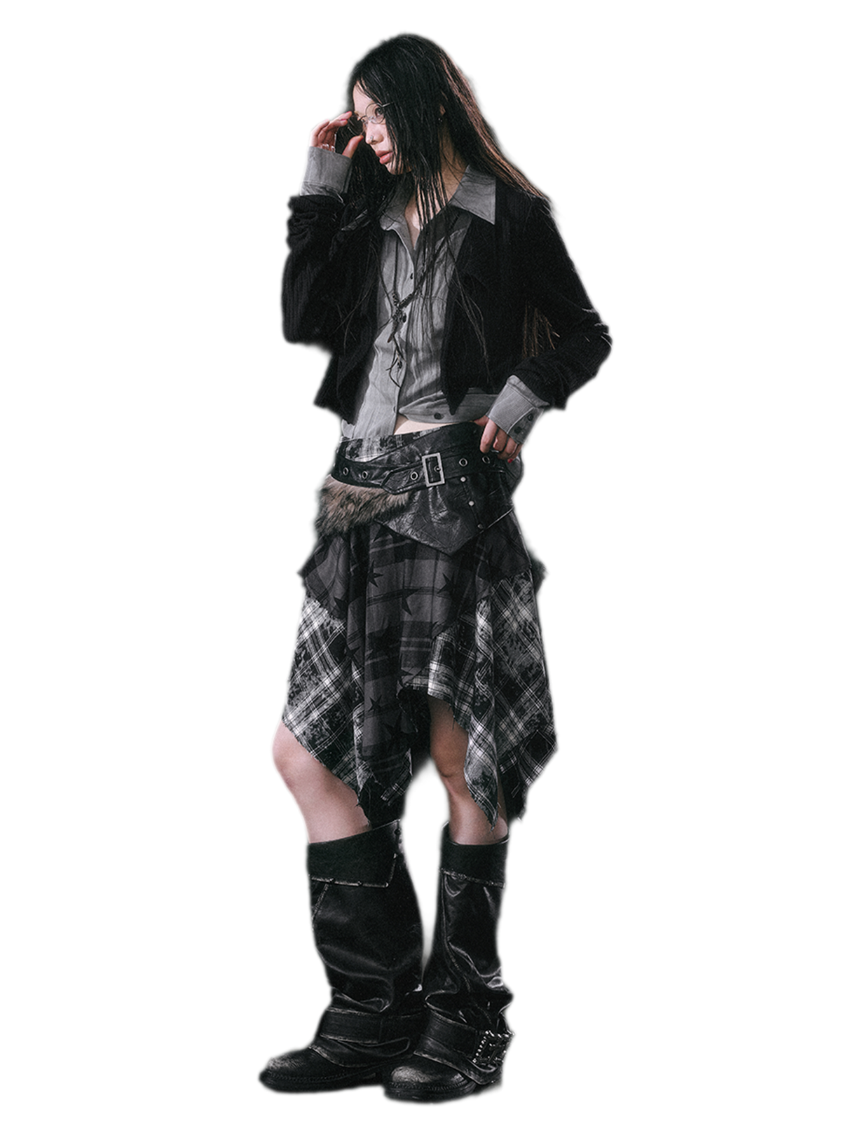 Star Plaid Raw-Edge Skirt