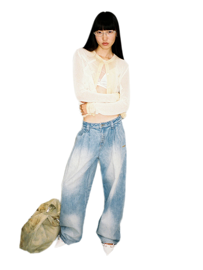 Washed Pleated Wide-Leg Jeans