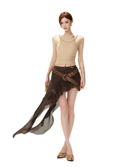 Shimmer Ruffle Asymmetric Mini Skirt