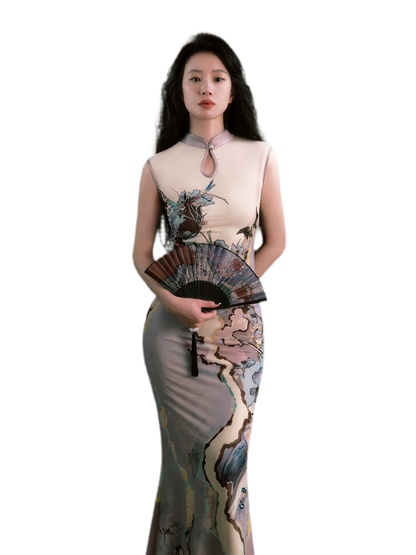Roman Poem Printed Sleeveless Qipao Dress