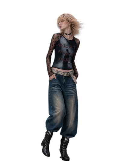 Sheer Graphic Cropped Long-Sleeve Tee