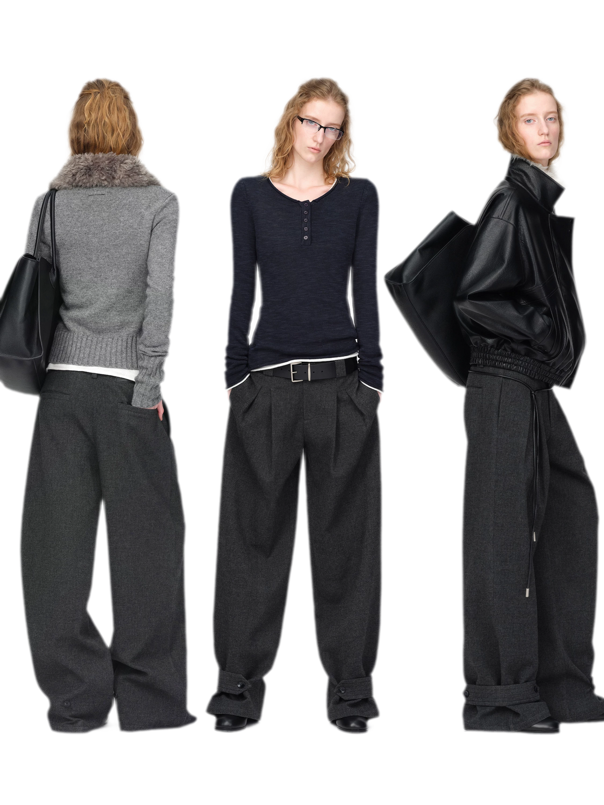 Pantalones de pierna ancha plisados con mezcla de lana