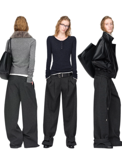Pantalones de pierna ancha plisados con mezcla de lana