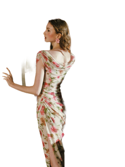 Printed Mesh Draped Dress