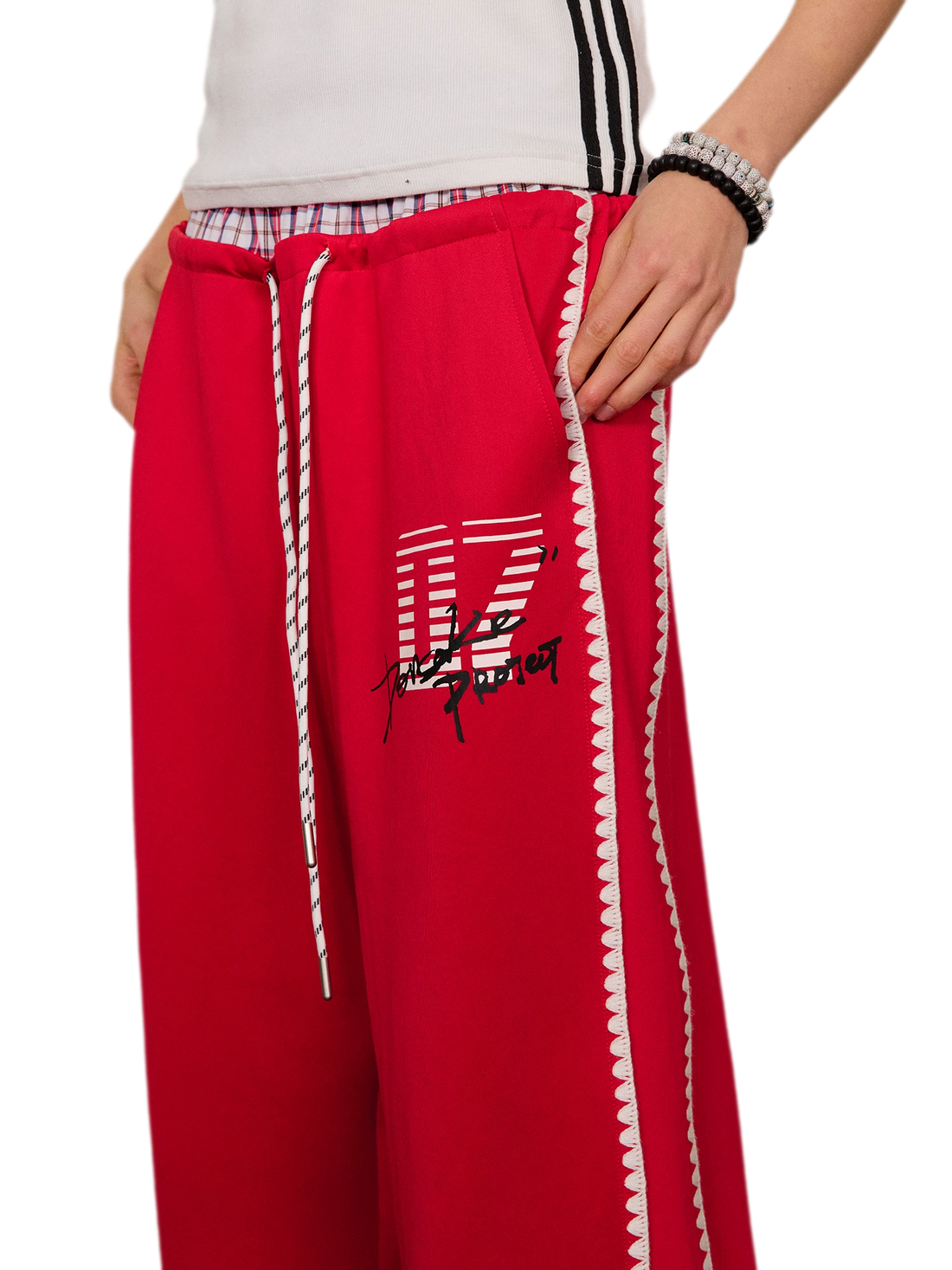 Shell Embroidery Graffiti Print Double Waist Pants