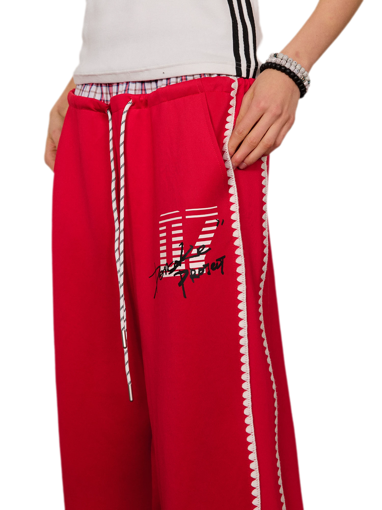Shell Embroidery Graffiti Print Double Waist Pants