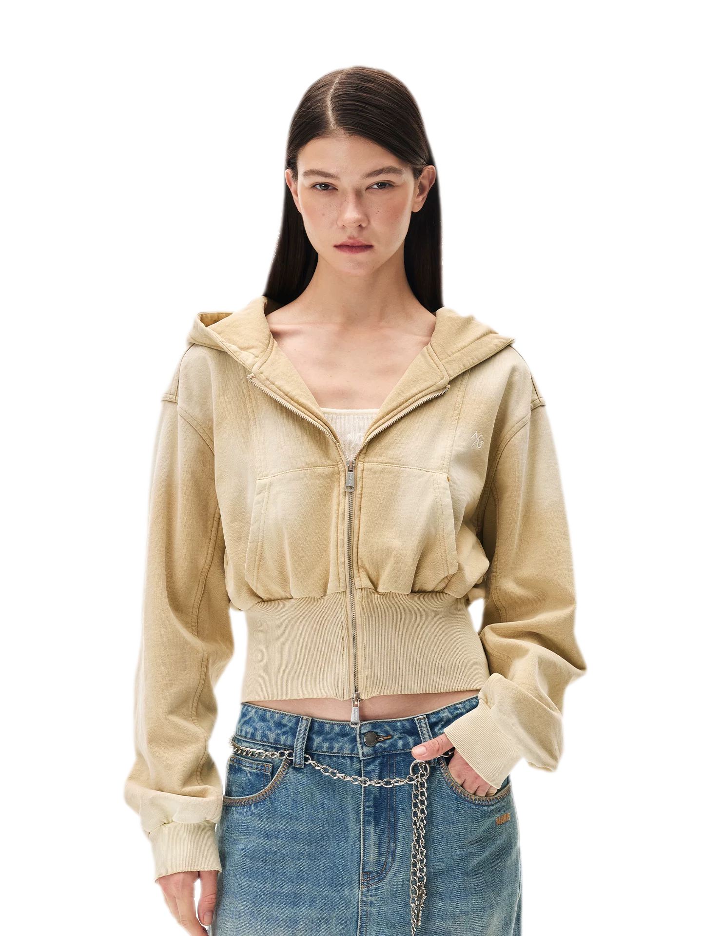 Sand-Washed Cropped Hooded Sweatshirt