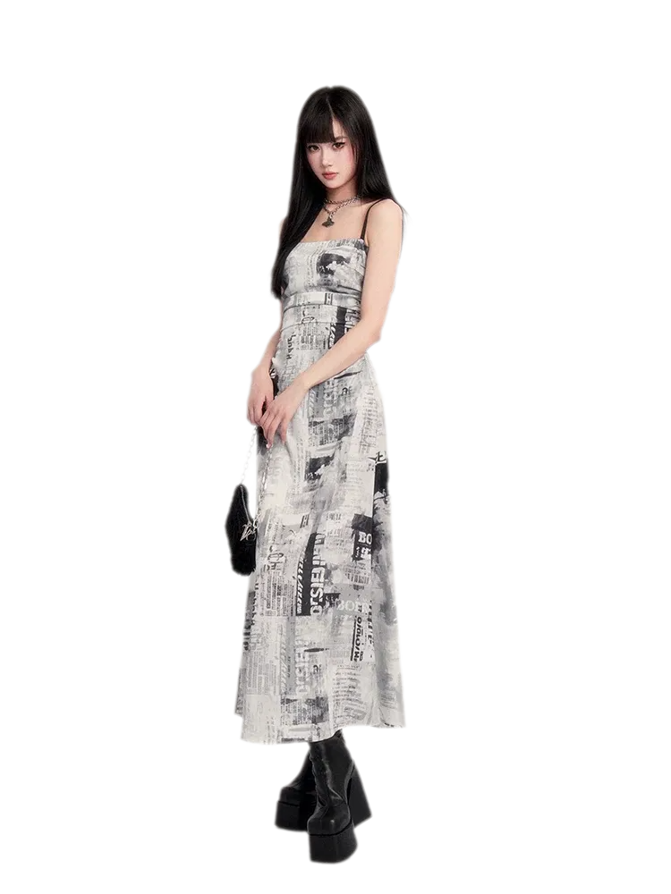 Newspaper Print Ruched Maxi Dress
