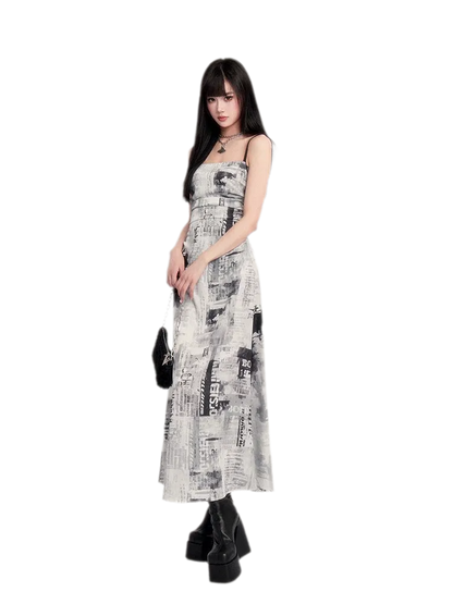 Newspaper Print Ruched Maxi Dress