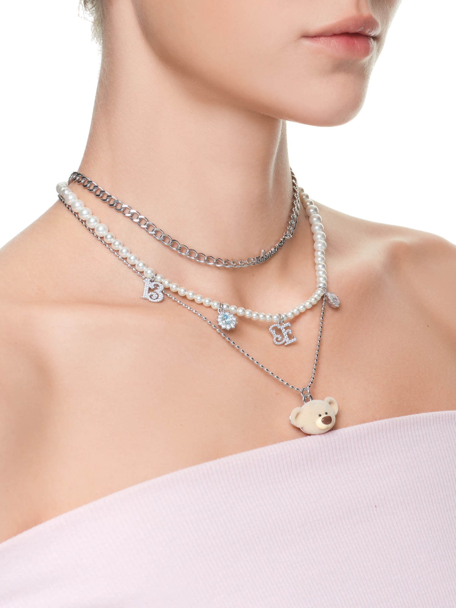 Layered Bear Pendant Necklace in Silver