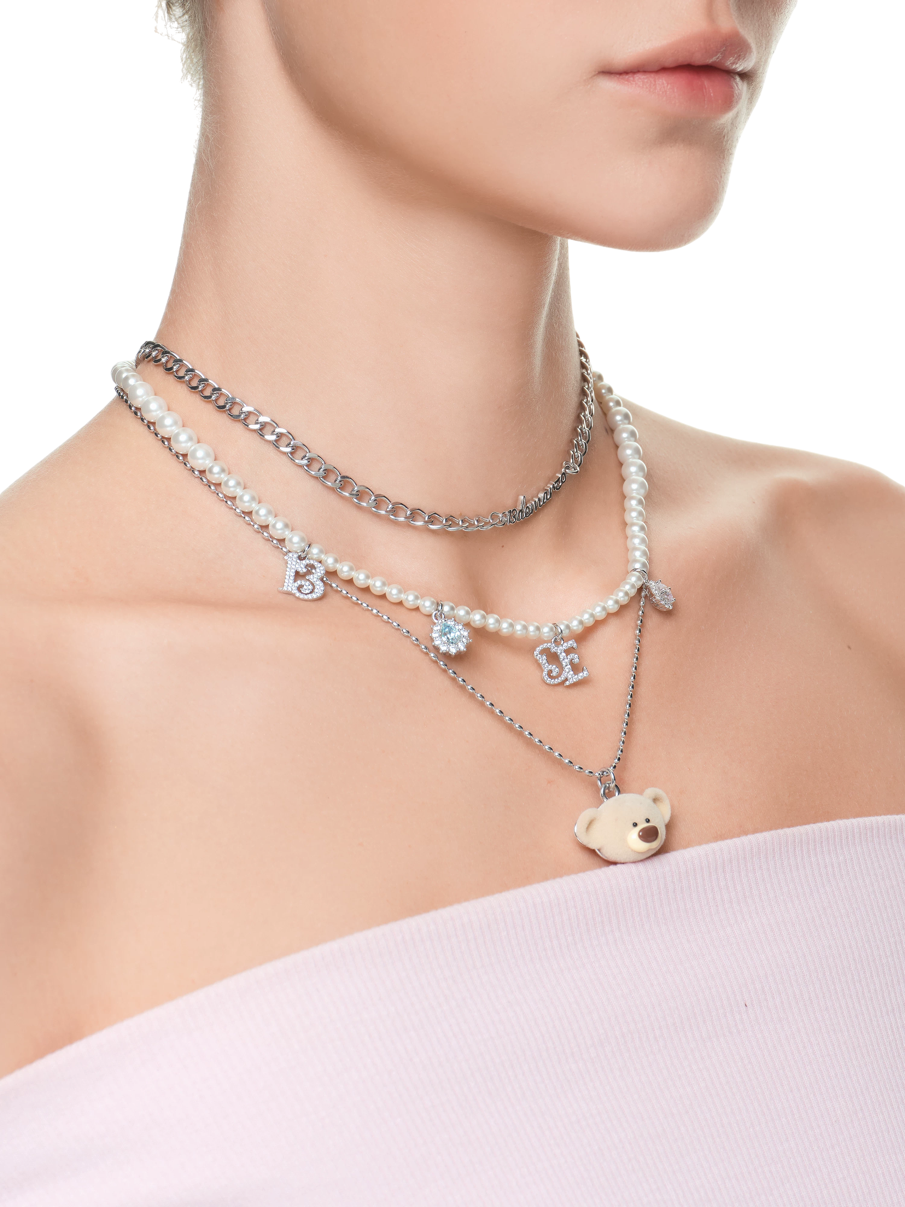 Layered Bear Pendant Necklace in Silver