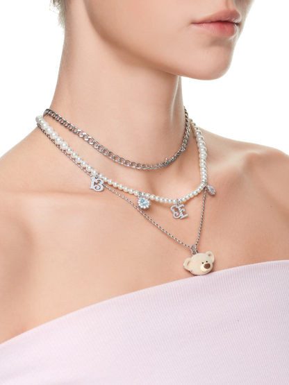 Layered Bear Pendant Necklace in Silver