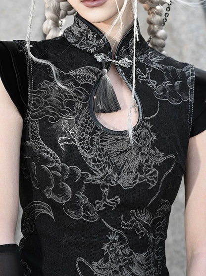Washed Denim Dragon Qipao Dress