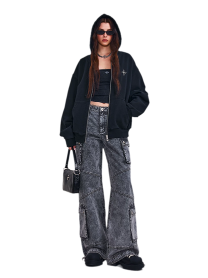 Cross Statue Oversized Zip-Up Hoodie