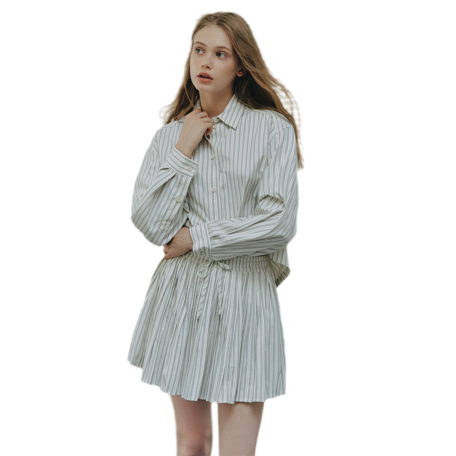 Striped Cropped Shirt Skirt Set
