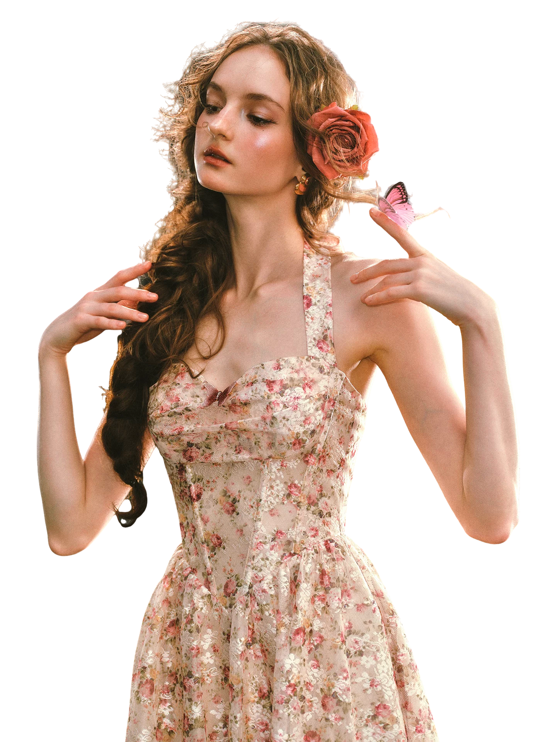 Forest Rose French Retro Floral Halter Long Dress