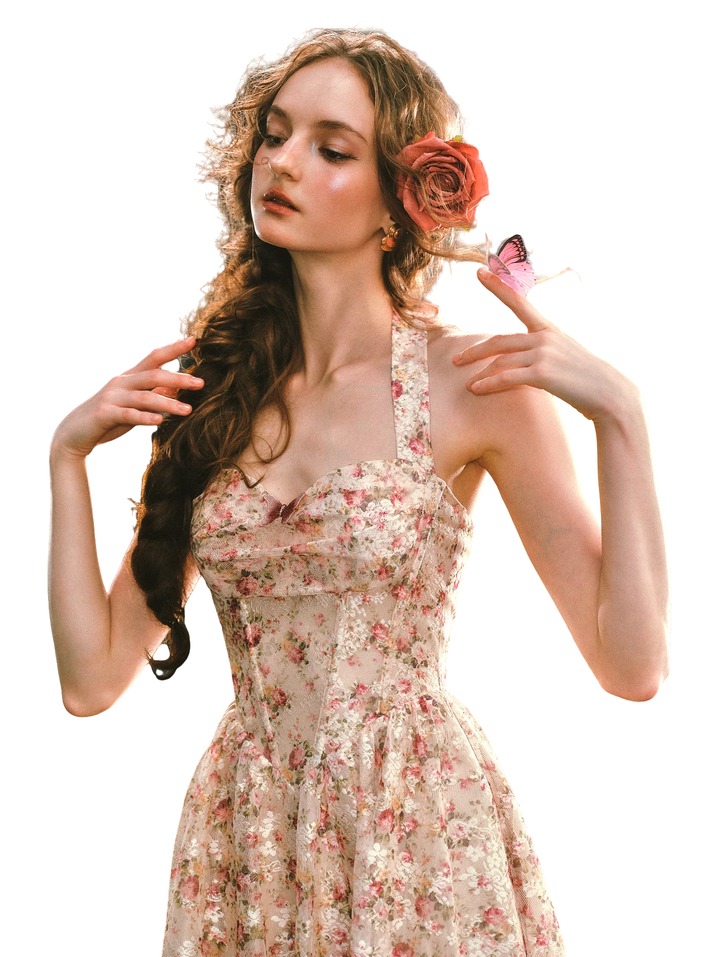 Forest Rose French Retro Floral Halter Long Dress