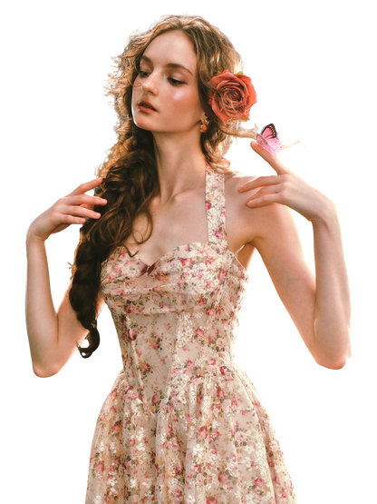 Forest Rose French Retro Floral Halter Long Dress