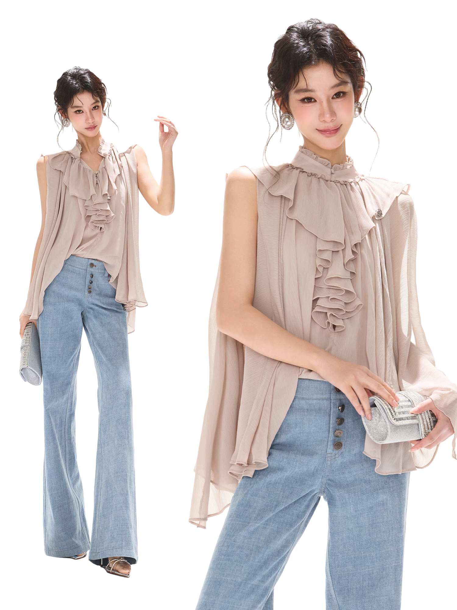 Lightweight Ruffle Collar Sleeveless Chiffon Blouse