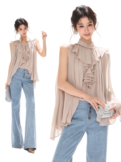 Lightweight Ruffle Collar Sleeveless Chiffon Blouse