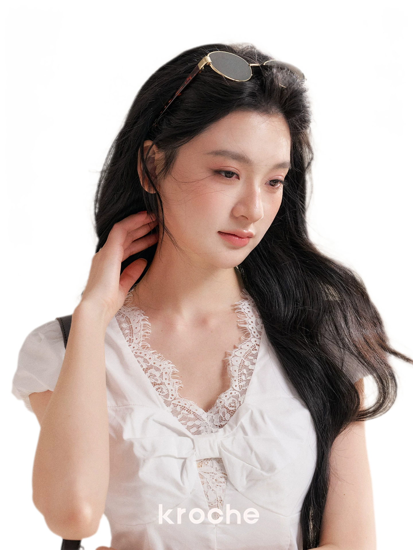 Knot Design French Lace Puff Sleeve A-Line Dress