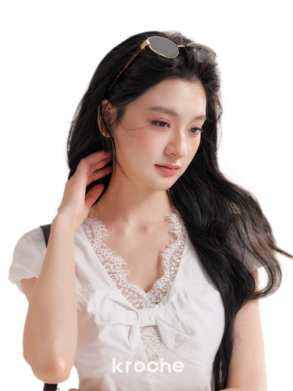 Knot Design French Lace Puff Sleeve A-Line Dress