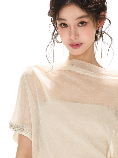 Silver Mesh Beaded Batwing Sleeve Top