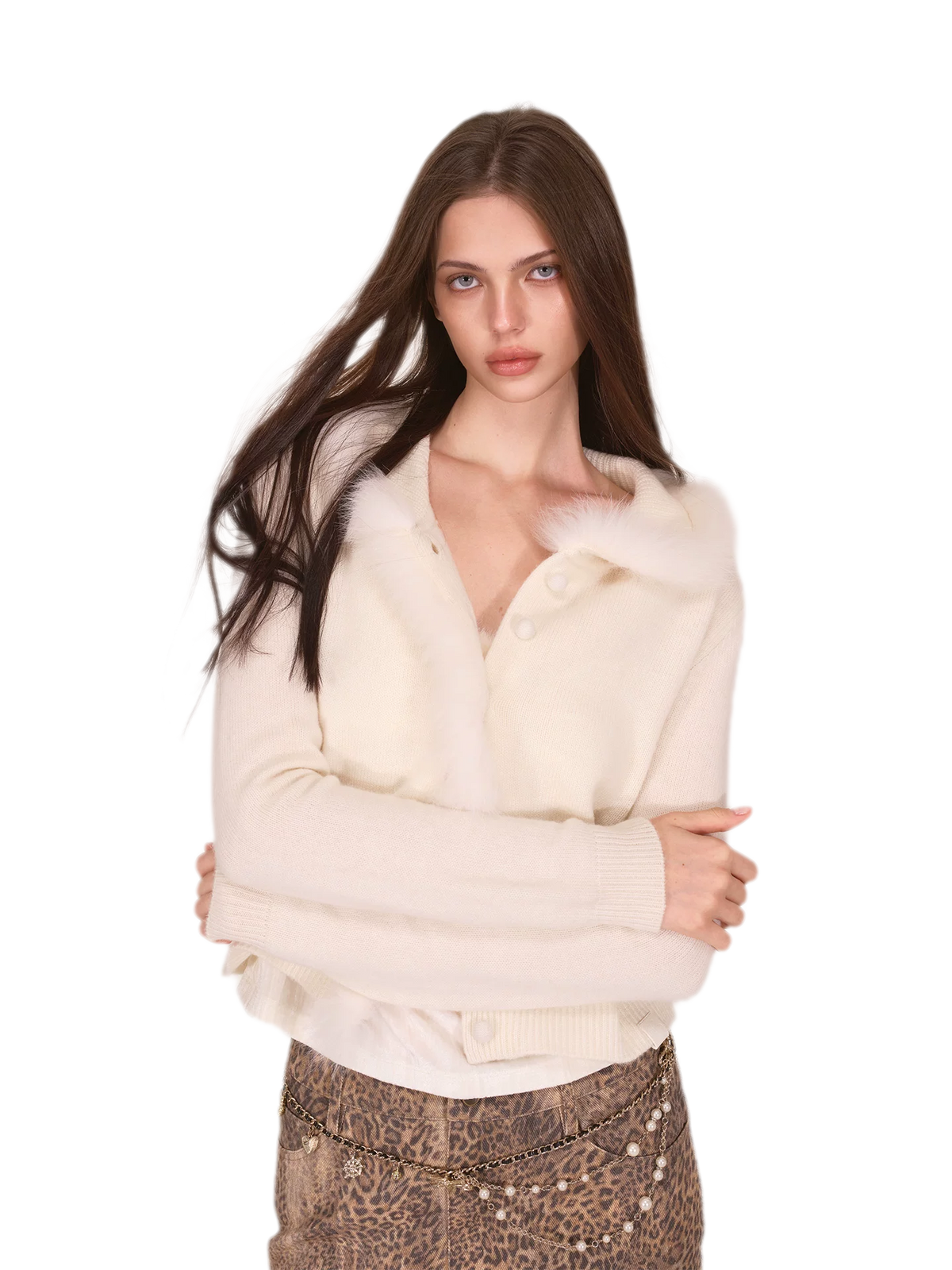 Gilet court en maille avec bordure en fourrure de renard