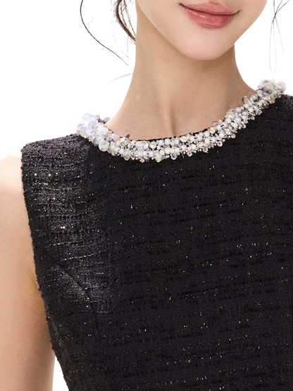Diamond Neckline Ruffled Sleeveless Waist-Cinching Dress