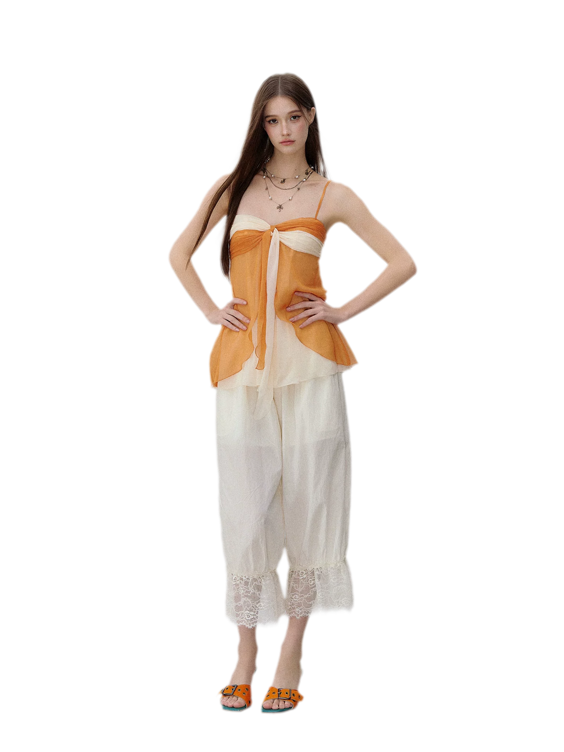Relaxed Fit Tencel Lace Patchwork Wide Leg Pants