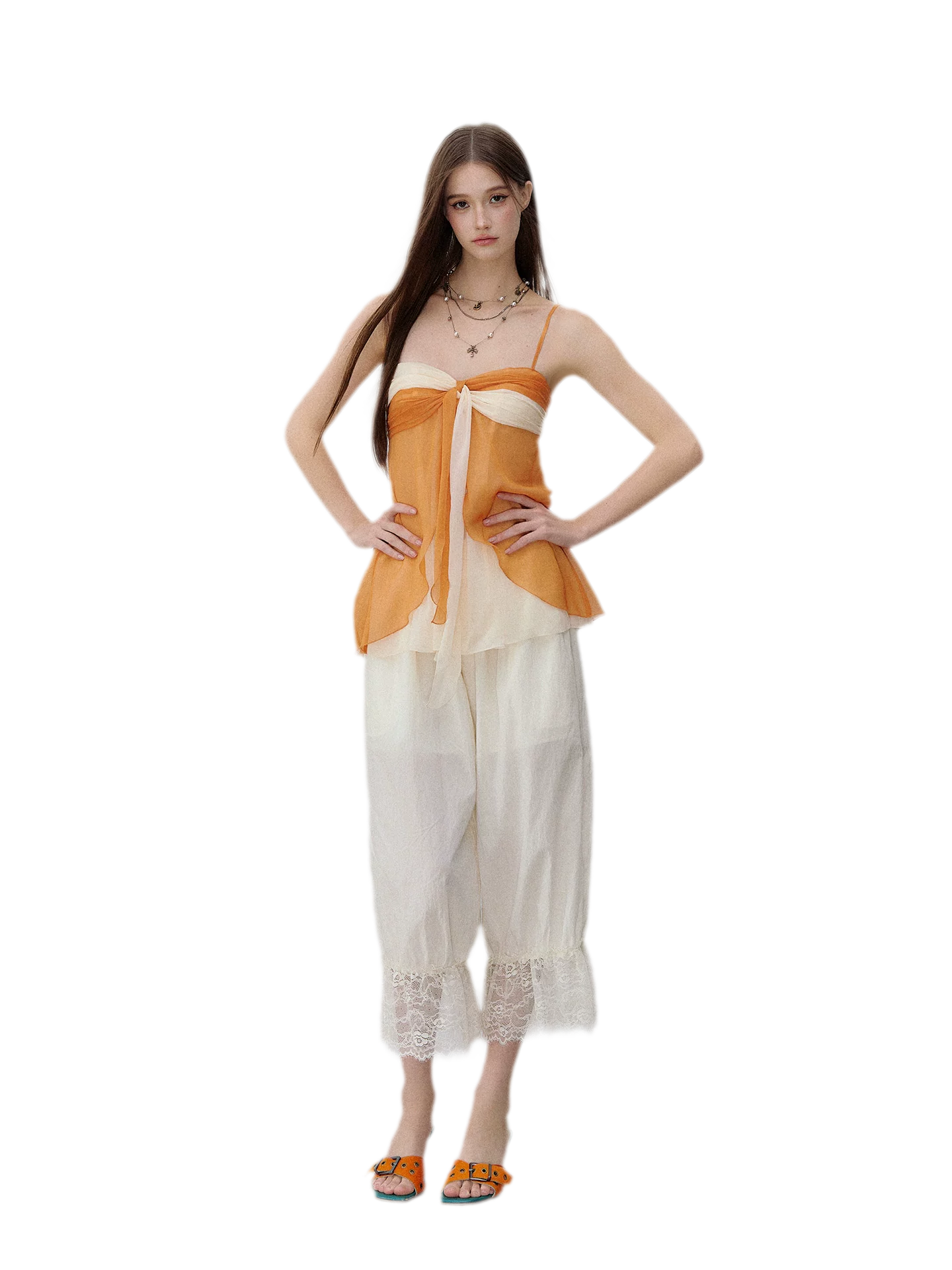 Relaxed Fit Tencel Lace Patchwork Wide Leg Pants