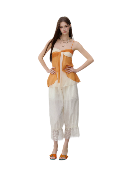 Relaxed Fit Tencel Lace Patchwork Wide Leg Pants