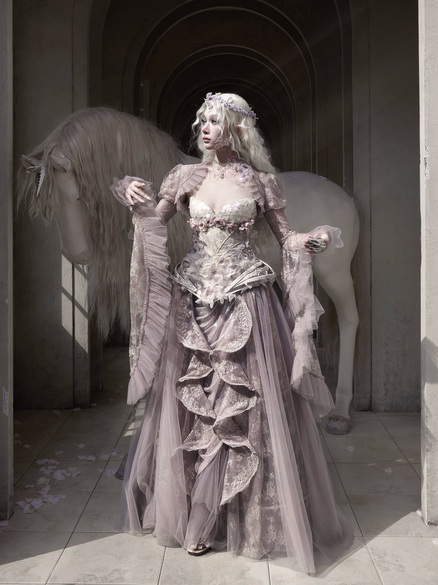 Sheer Lace Puff-Sleeve Capelet