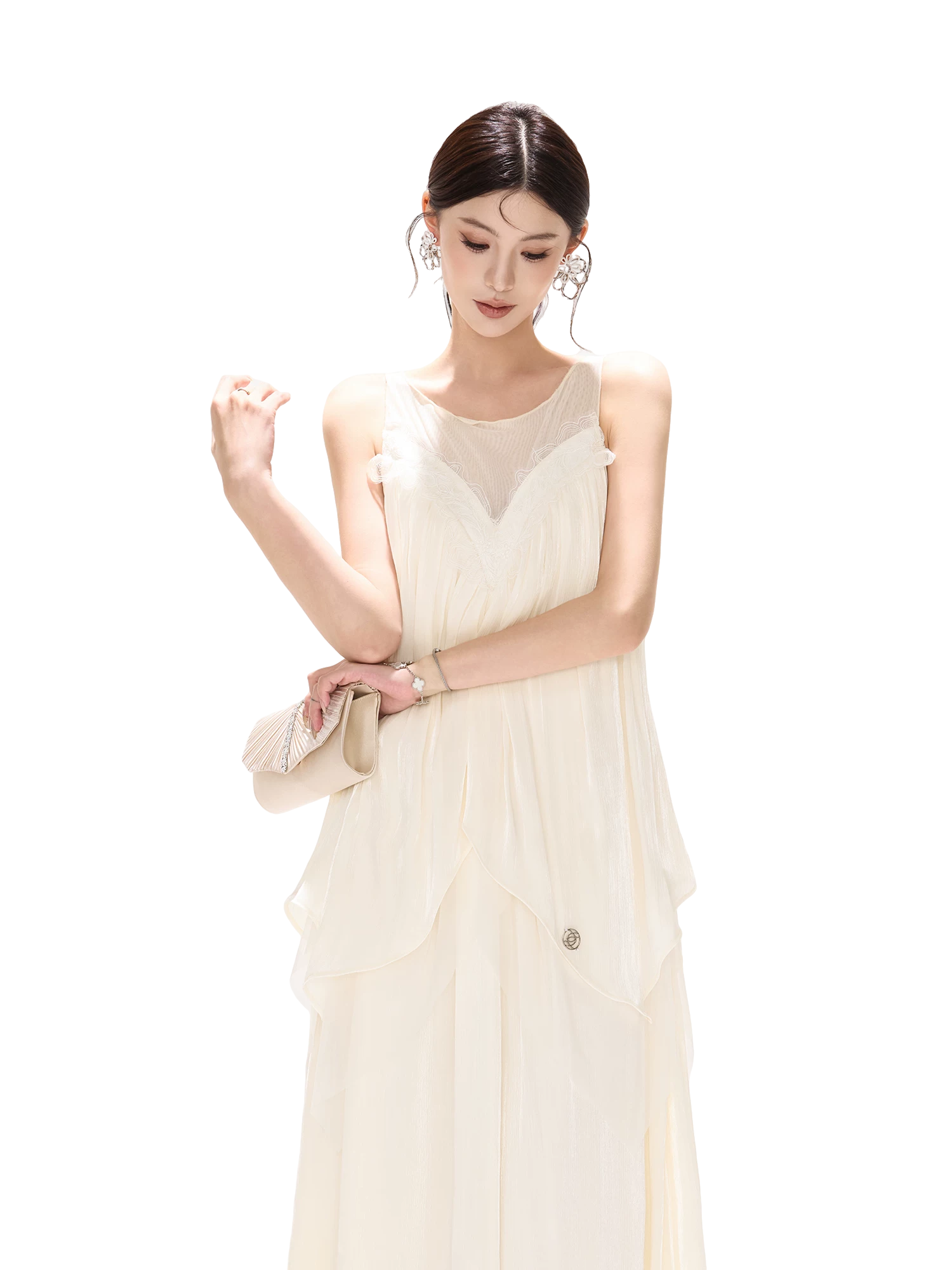Sleeveless Mesh Spliced Ruffle Long Dress