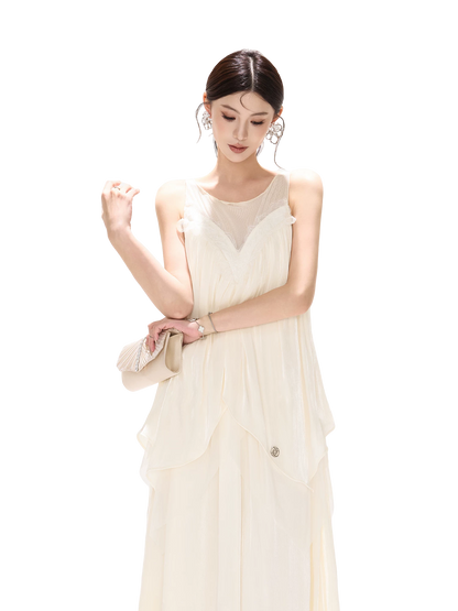 Sleeveless Mesh Spliced Ruffle Long Dress