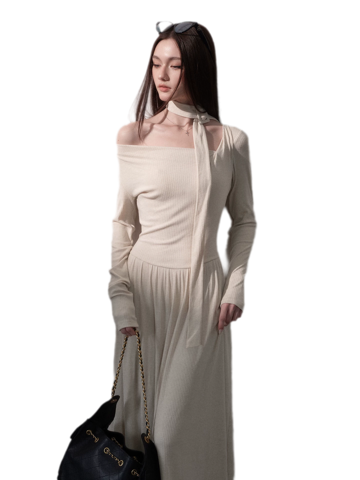Robe longue côtelée à ruban