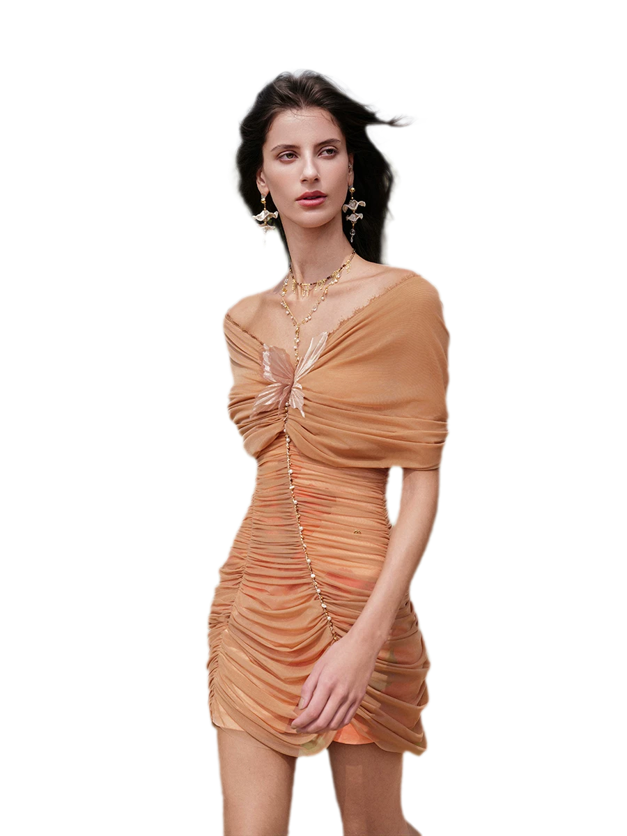 Beaded Off-Shoulder Mesh Dress