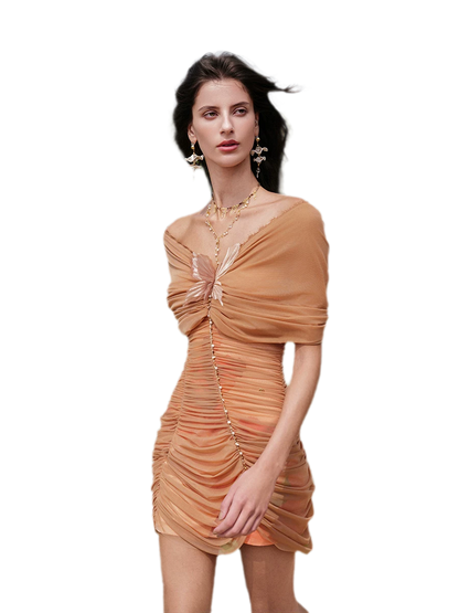 Beaded Off-Shoulder Mesh Dress