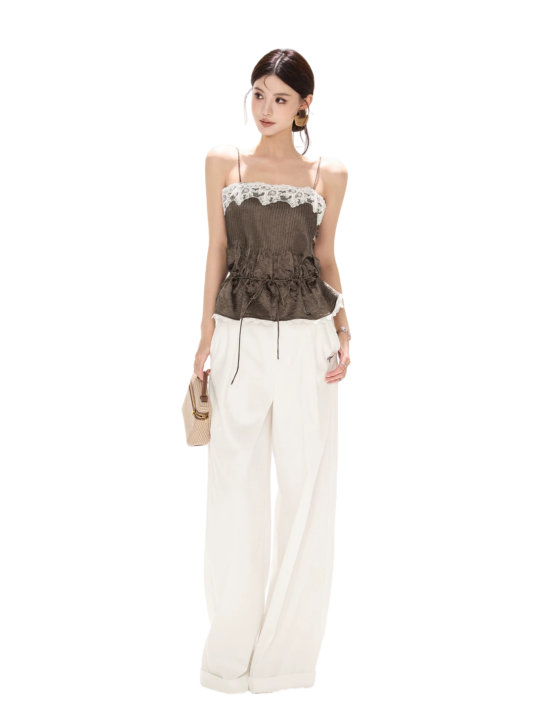 South France Holiday Contrast Lace Trim Ruffle Camisole