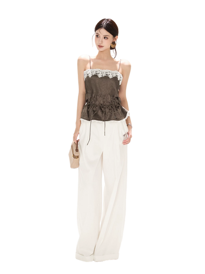 South France Holiday Contrast Lace Trim Ruffle Camisole