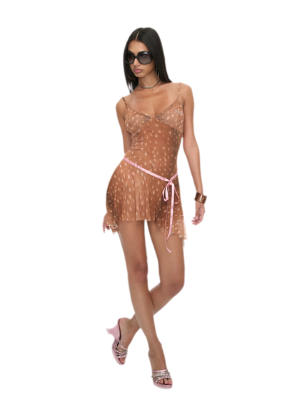 Deer Print Sheer Ribbon Dress