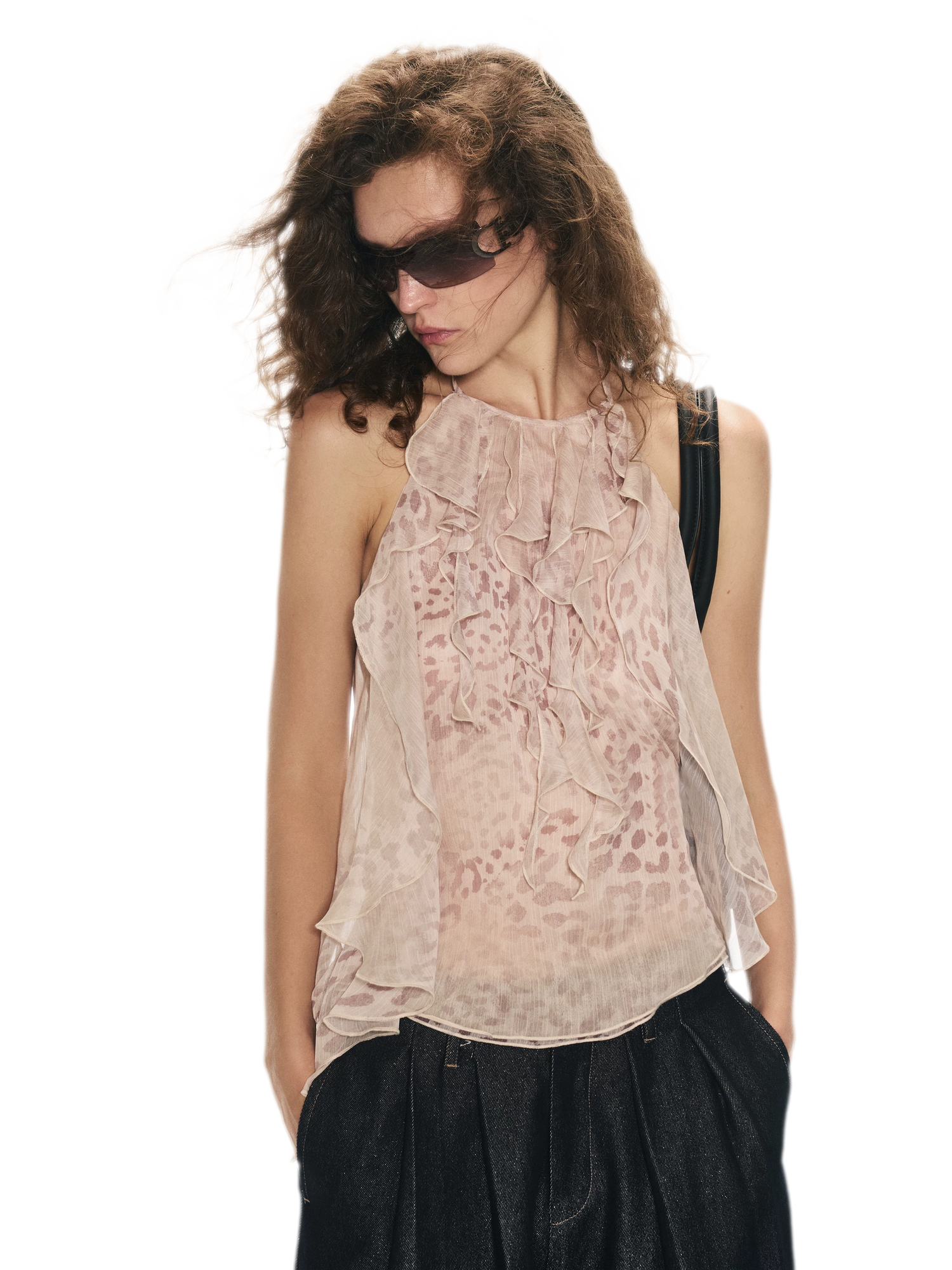 Off-Shoulder Halter Chiffon Check Print Top