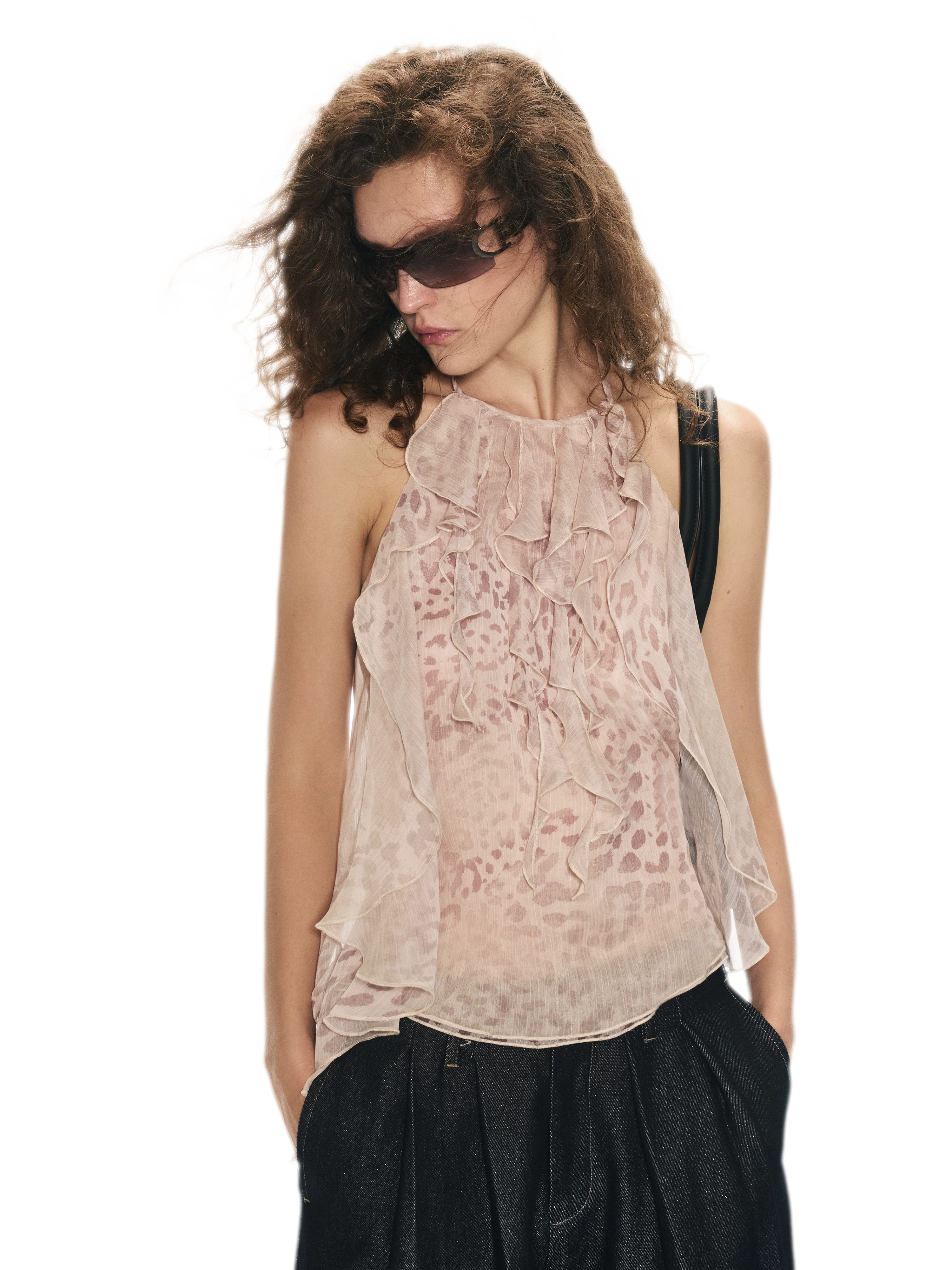 Off-Shoulder Halter Chiffon Check Print Top